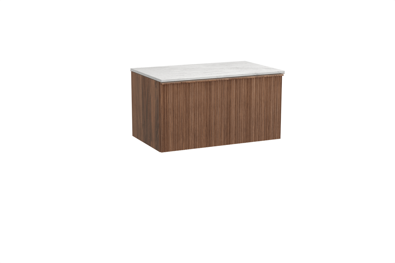 Balmani Forma hängendes Möbelstück Set: 90 x 55 cm, Amerikanischer Nussbaum, mit Stretto Einzel Waschtischplatte, Marmor, Carrara, Vertikale asymmetrische Runde Rippe