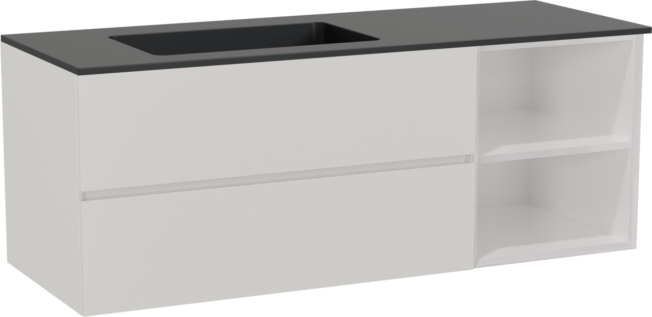 Storke Edge zwevend badmeubel 140 x 52 cm hoogglans wit met Scuro asymmetrisch linkse wastafel in kwarts mat zwart