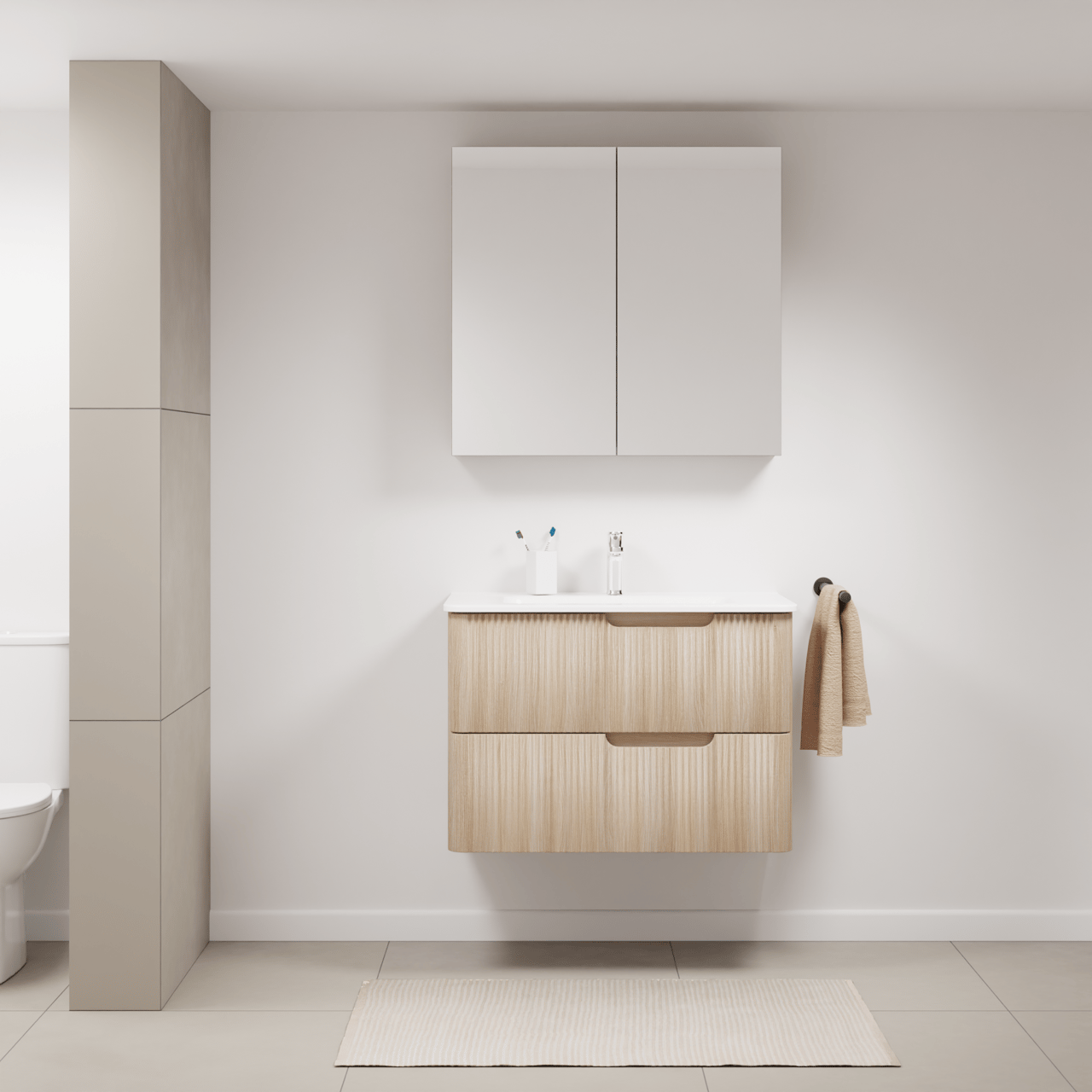 Linie Curvo meuble salle de bains suspendu 80 x 46 cm chêne clair avec Baro Curvo plan simple en porcelaine blanc brillant, Nervure circulaire symétrique verticale