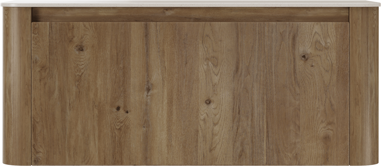 Storke Soft meuble salle de bains suspendu 120 x 46 cm chêne brut avec Tavola Soft tablette simple ou double vasque en Solid Surface beige granite