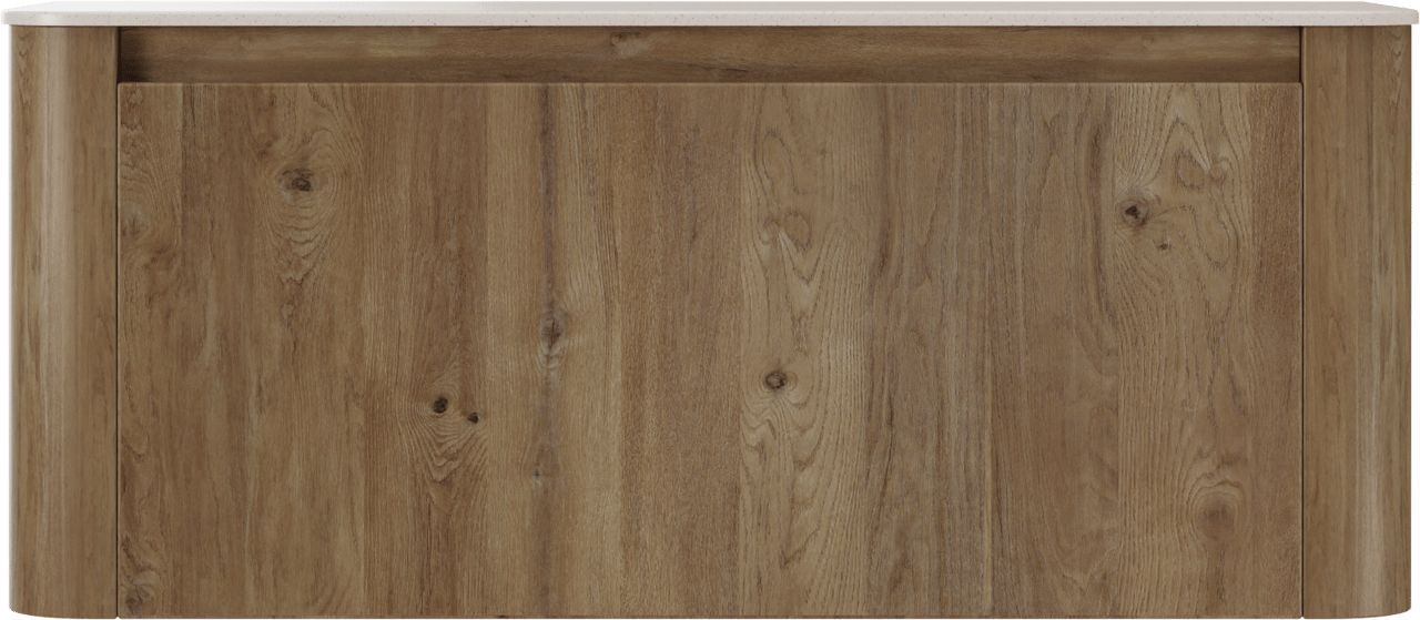 Storke Soft zwevend badkamermeubel 120 x 46 cm ruwe eik met Tavola Soft enkele of dubbele tablet in solid surface beige granita