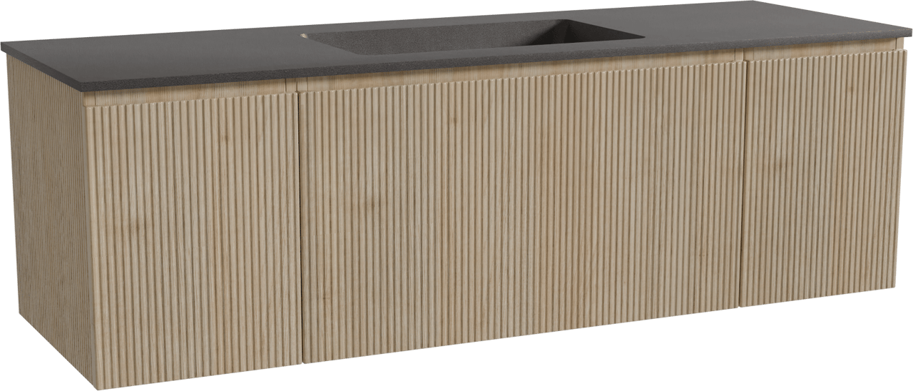 Storke Ribs zwevend badmeubel 155 x 52 cm ruw eiken met Scuro enkele wastafel in kwarts mat zwart, Verticale symmetrische rechte ribbel