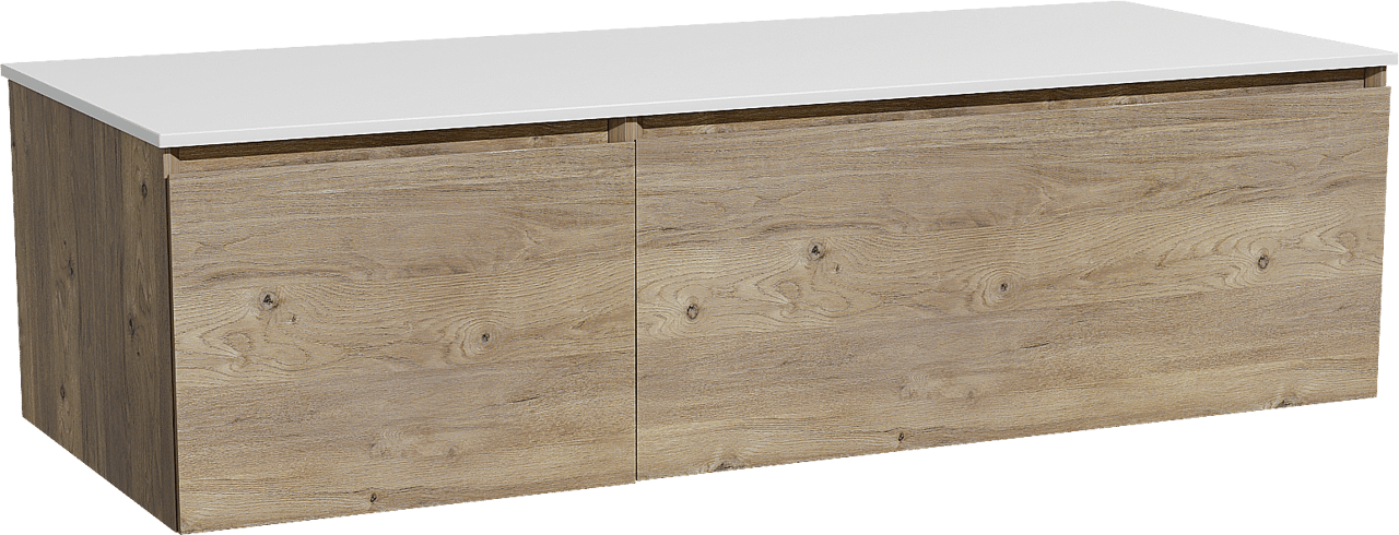 Storke Edge hängendes Möbelstück Set: 130 x 52 cm, Rohe Eiche, mit Tavola Einzel- oder Doppel Waschtischplatte, Solid Surface Weiß matt