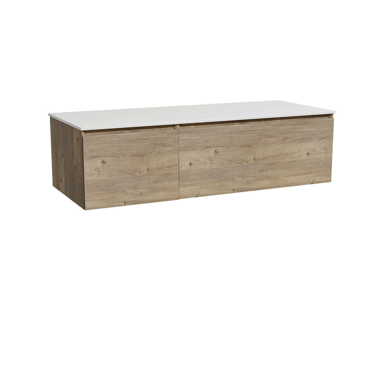 Storke Edge zwevend badkamermeubel 130 x 52 cm ruwe eik met Tavola enkel of dubbel tablet in solid surface mat wit