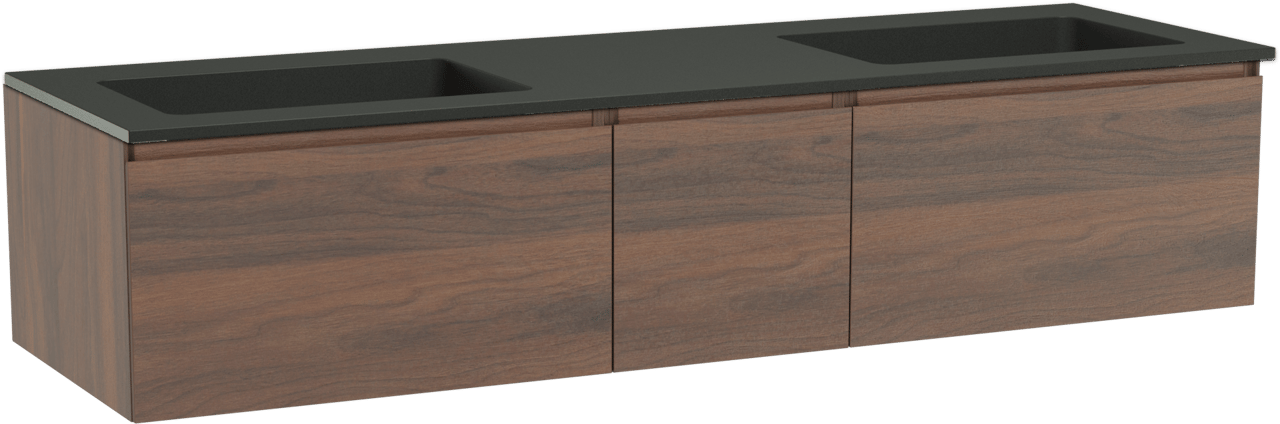 Storke Edge zwevend badmeubel 165 x 52 cm notenhout met Scuro dubbele wastafel in kwarts mat zwart