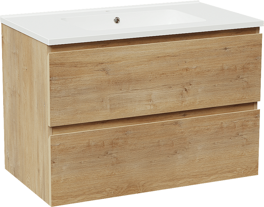 Linie Lado zwevend badkamermeubel 80 x 46 cm natuur eik met Vano enkele wastafel in composietmarmer glanzend wit