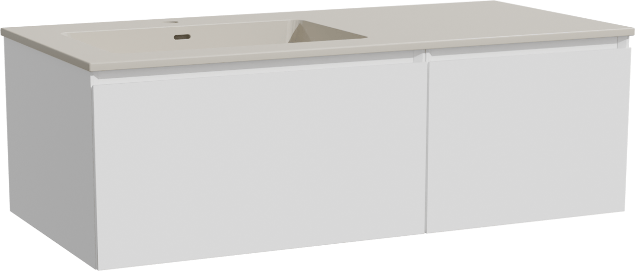 Storke Edge zwevend badkamermeubel 110 x 52 cm mat wit met Diva asymmetrisch linkse wastafel in top solid zijdegrijs