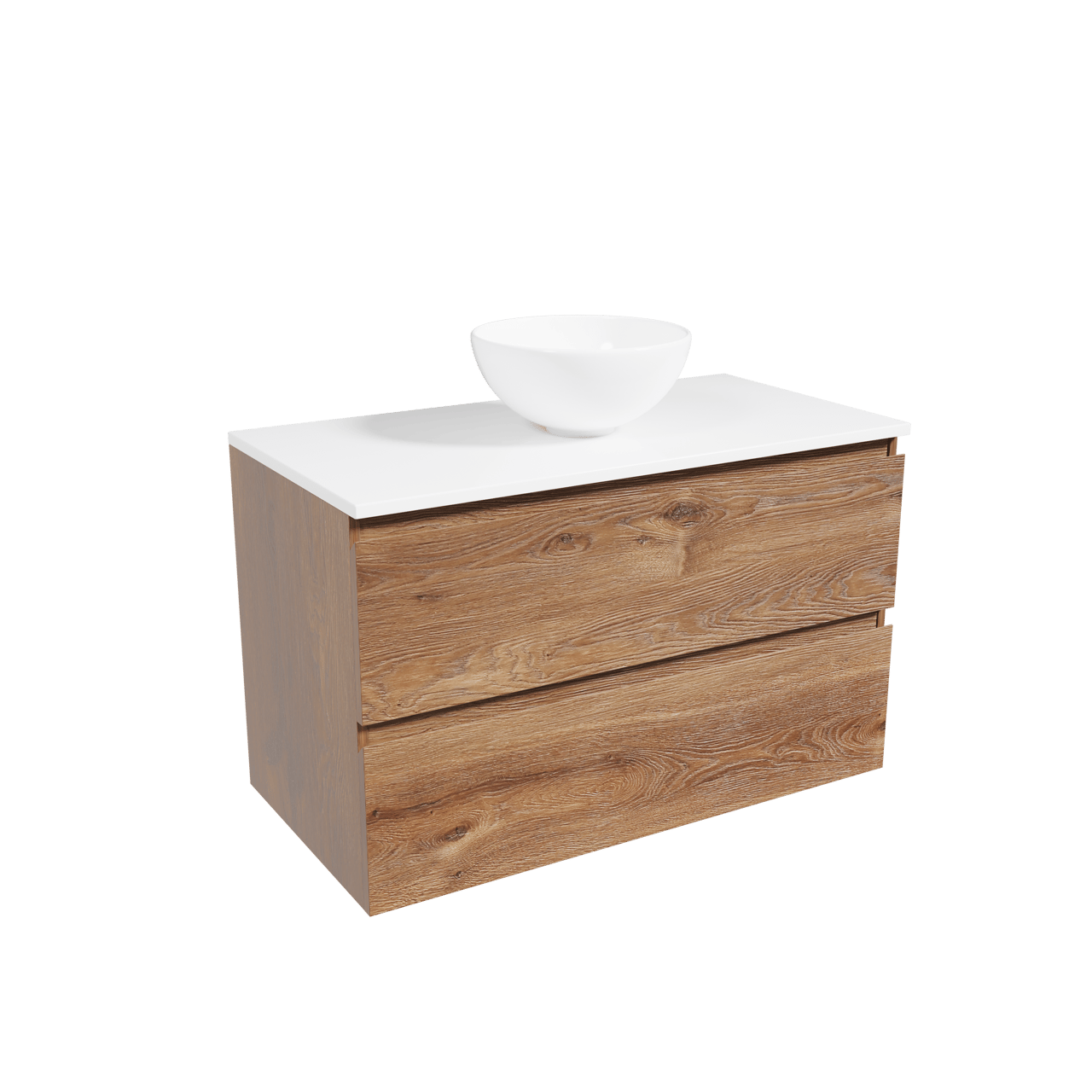 Linie Lado meuble salle de bains suspendu 90 x 46 cm chêne brun avec Lado tablette et Lavo vasque à poser en porcelaine blanche brillante