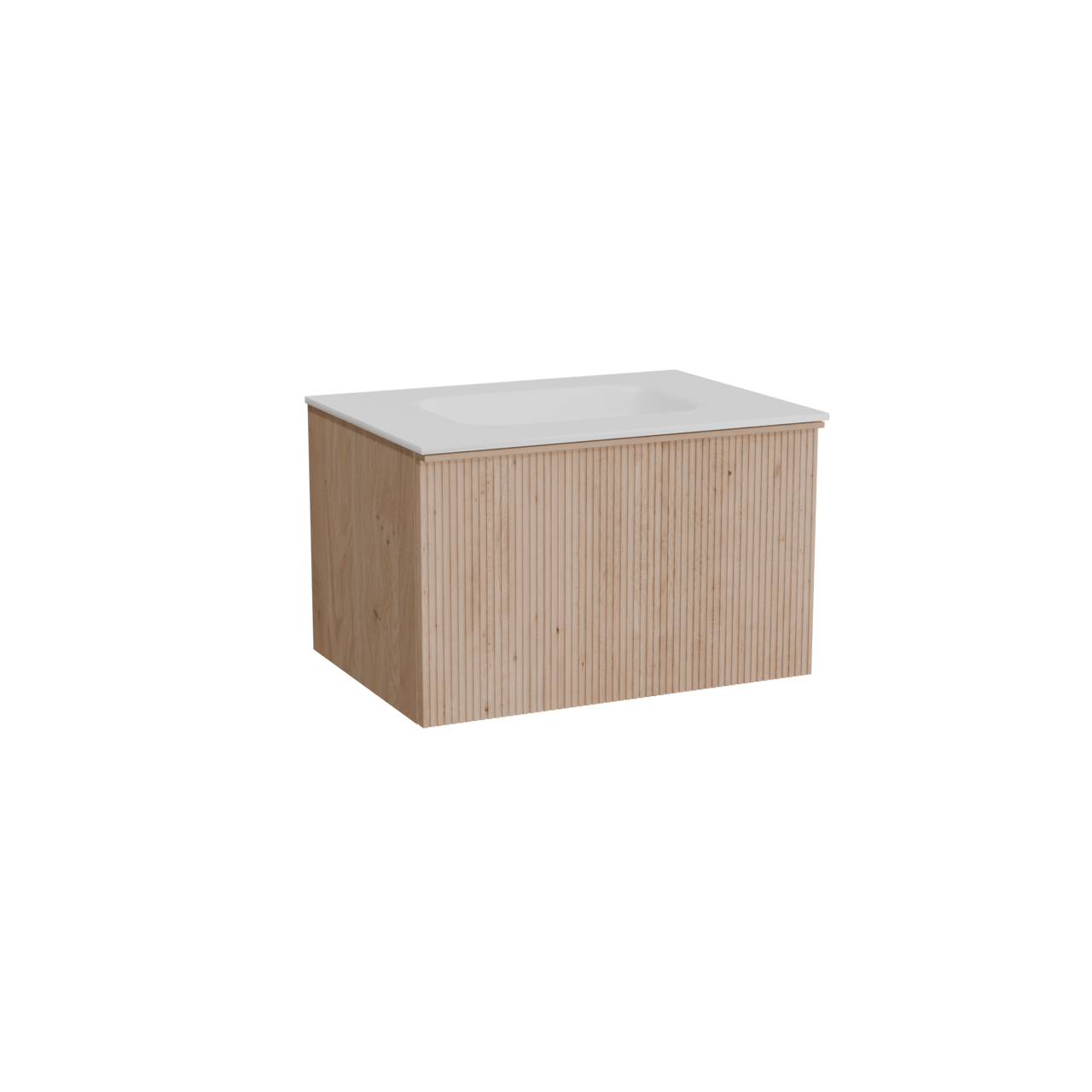 Balmani Forma hängendes Möbelstück Set: 75 x 55 cm, Naturbelassene Eiche, mit Tablo Arcato Einzelwaschtisch, Solid Surface, Weiß matt, Vertikale symmetrische gerade Rippe