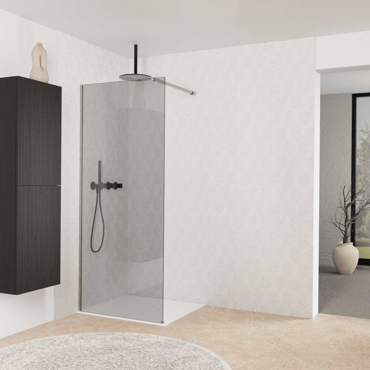 Balmani Modular Walk-In Dusche: 90 x 200 cm, Rauchglas, inklusive Coating, Profil Brushed Inox