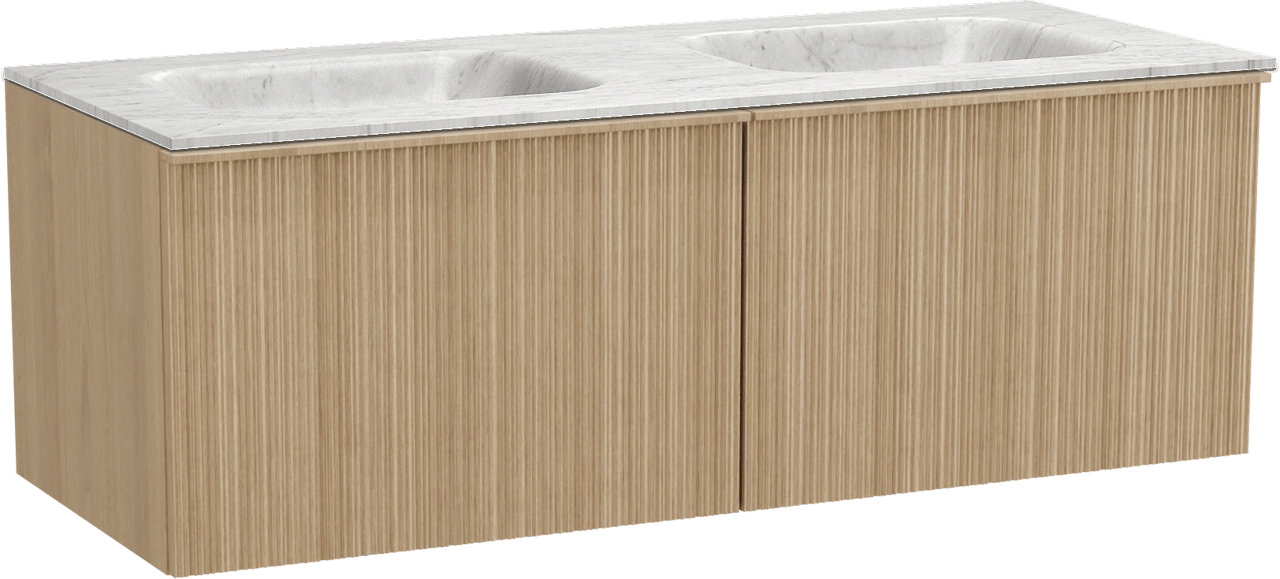 Balmani Forma hängendes Möbelstück Set: 135 x 55 cm, Naturbelassene Eiche, mit Tablo Arcato Doppelwaschtisch, Marmor, Carrara, Vertikale asymmetrische Runde Rippe