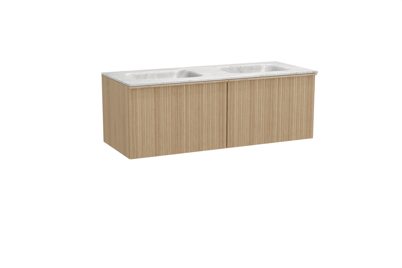 Balmani Forma hängendes Möbelstück Set: 135 x 55 cm, Naturbelassene Eiche, mit Tablo Arcato Doppelwaschtisch, Marmor, Carrara, Vertikale asymmetrische Runde Rippe