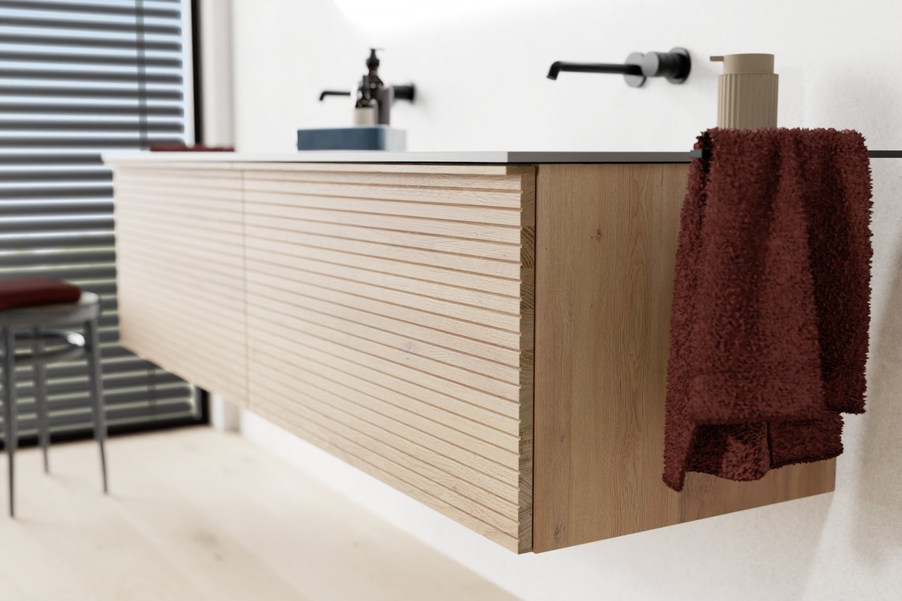 Balmani Forma meuble sous-lavabo suspendu nervure horizontale 90 x 55 cm chêne naturel 2 tiroirs