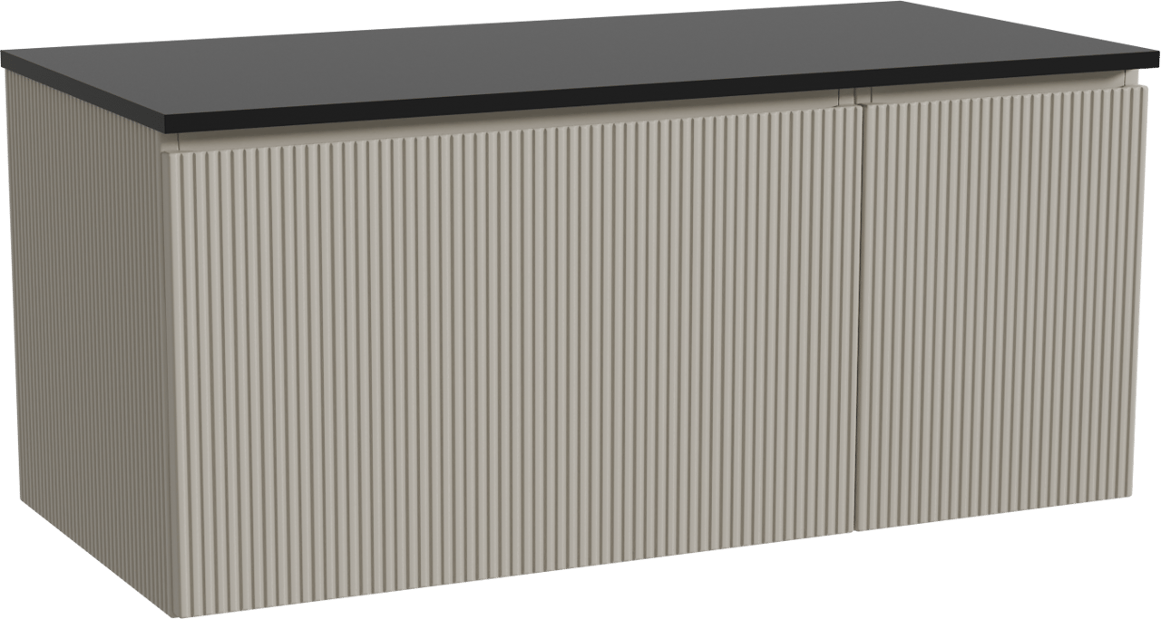 Storke Ribs zwevend badmeubel 110 x 52 cm zijdegrijs met Panton enkel wastafelblad in gepoedercoate mdf mat zwart, Verticale symmetrische rechte ribbel