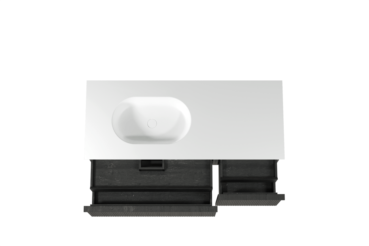 Balmani Forma hängendes Möbelstück Set: 135 x 55 cm, Schwarze Eiche, mit Tablo Oval Waschtisch links, Solid Surface, Weiß matt, Vertikale symmetrische gerade Rippe