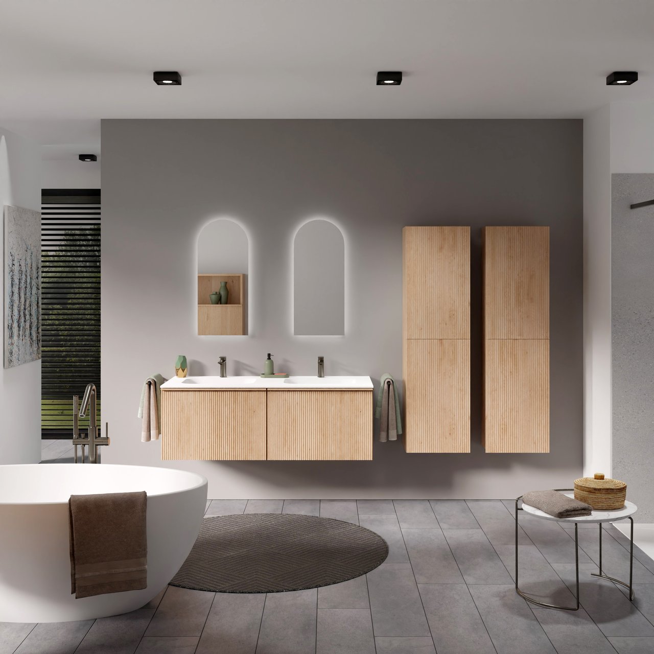 Balmani Forma zwevend badkamermeubel 135 x 55 cm natuur eik met Tablo Arcato dubbele wastafel in solid surface mat wit, Verticale symmetrische rechte ribbel