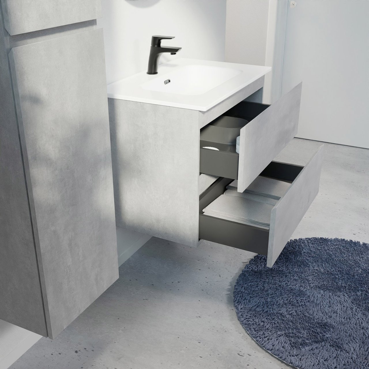 Linie Lado zwevend badkamermeubel 70 x 46 cm beton donkergrijs met Baro enkele wastafel in porselein glanzend wit