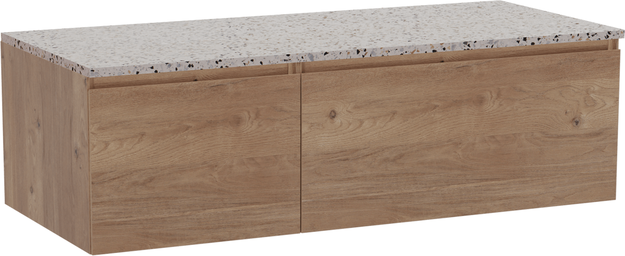 Storke Edge meuble salle de bains suspendu 120 x 52 cm chêne brut avec Tavola tablette simple ou double en blanc/noir mat terrazzo