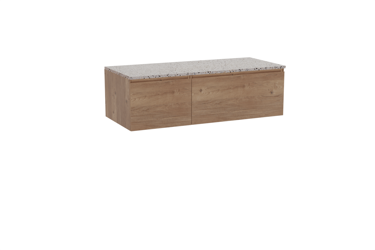 Storke Edge hängendes Möbelstück Set: 120 x 52 cm, Rohe Eiche, mit Tavola Einzel- oder Doppel Waschtischplatte, Terrazzo in Weiß/Schwarz matt