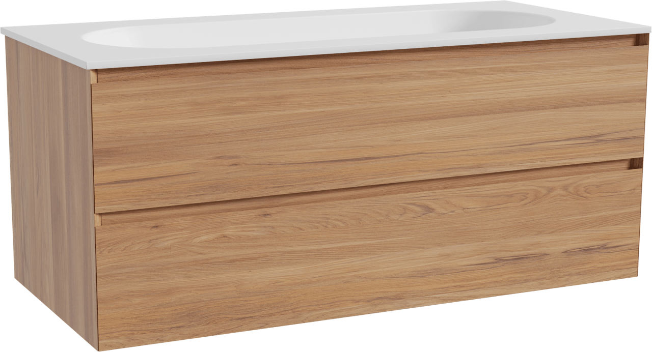 Balmani Mitra meuble salle de bains suspendu 120 x 55 cm teck avec Tablo Oval lavabo simple pour 2 trous de robinet en solid surface blanc mat