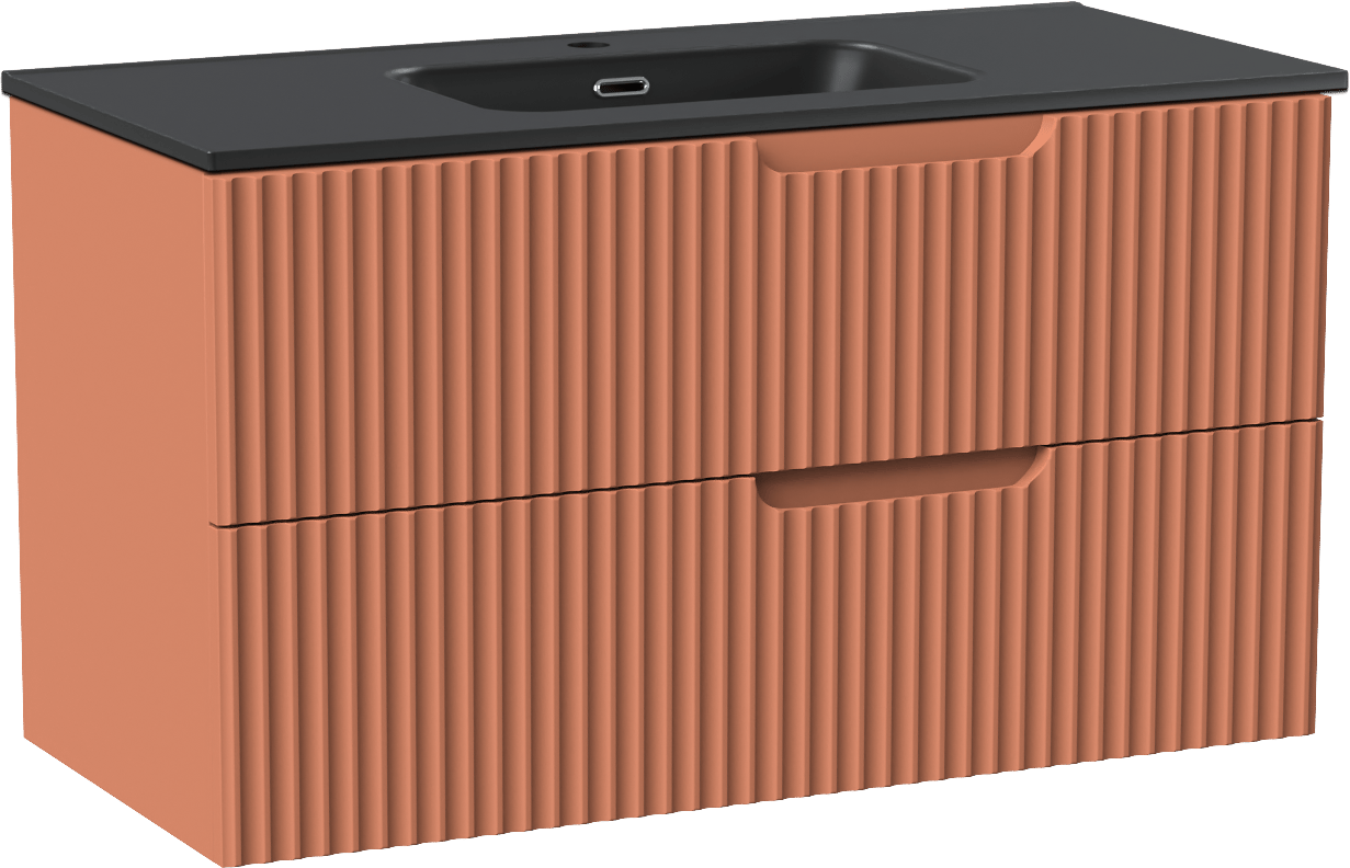 Linie Ribbo zwevend badmeubel 100 x 46 cm cotto met Baro enkele wastafel in porselein mat zwart, Verticale symmetrische ronde ribbel