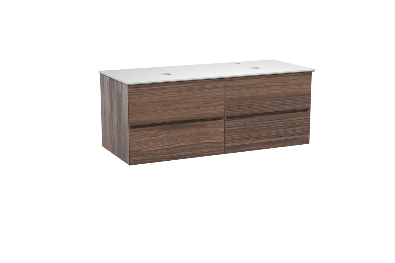 Balmani Mitra hängendes Möbelstück Set: 135 x 55 cm, Nussbaum, mit Facetta Doppel Waschtischplatte, Solid Surface Weiß matt