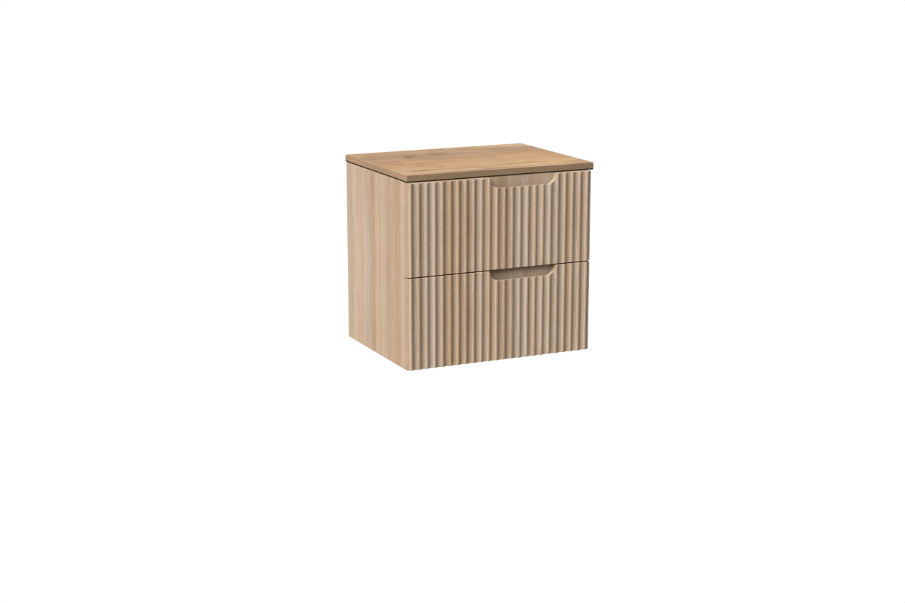 Linie Ribbo zwevend badkamermeubel 60 x 46 cm lichte eik met Lado enkel tablet in melamine natuur eik, Verticale symmetrische ronde ribbel