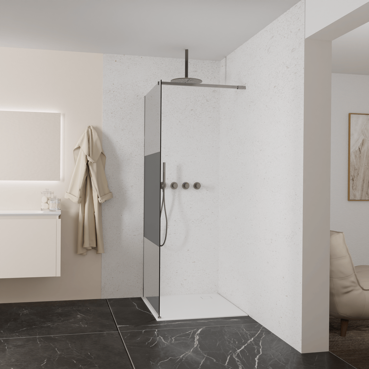 Balmani Modular inloopdouche: 90 x 200 cm, Rookglas met matte strook, Brushed GunMetal profielen