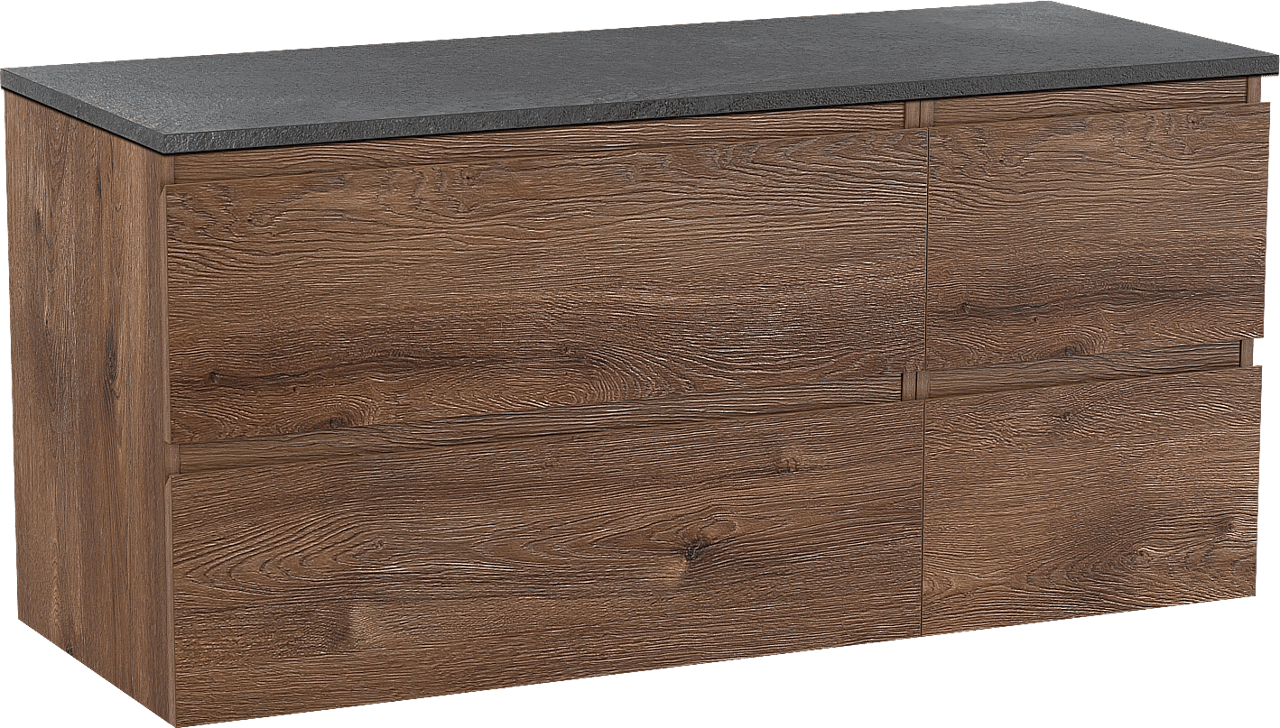 Linie Lado hängendes Möbelstück Set: 120 x 46 cm, Braune Eiche, mit Lado Einzel- oder Doppel Waschtischplatte, Melamin Schiefergrau