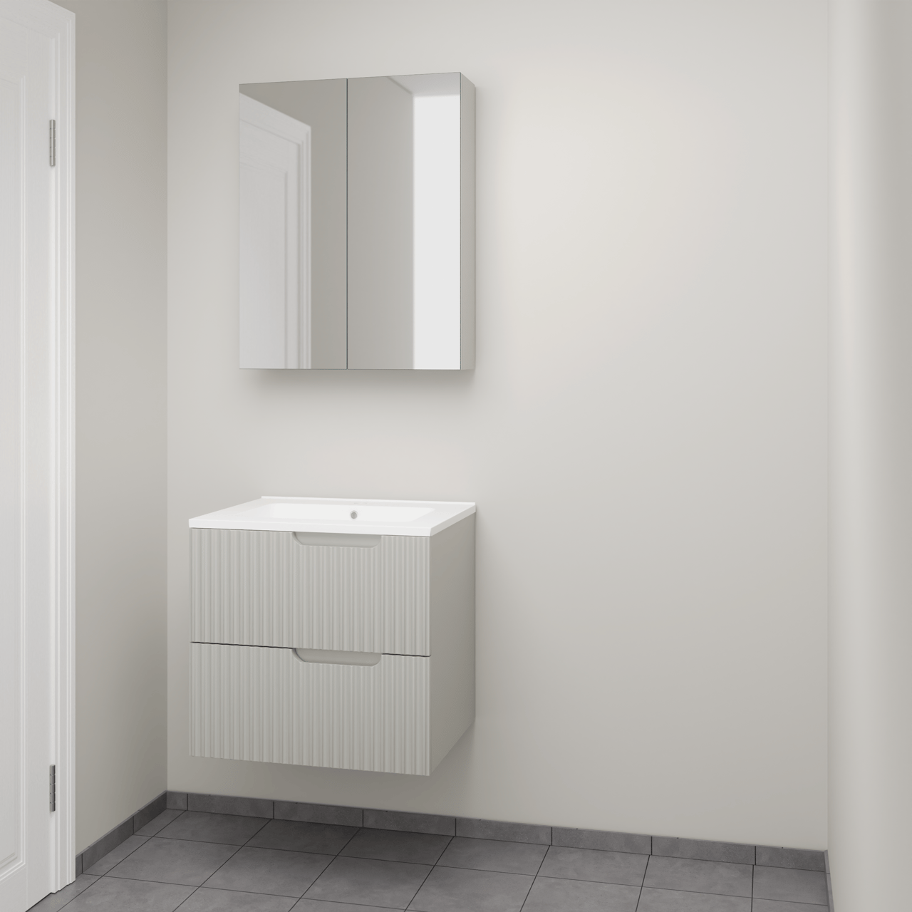 Linie Ribbo hängendes Möbelstück Set: 60 x 46 cm, Greige, mit Vano Einzelwaschtisch, Marmorkomposit, Weiß matt, Vertikale symmetrische runde Rippe und Montro Spiegelschrank