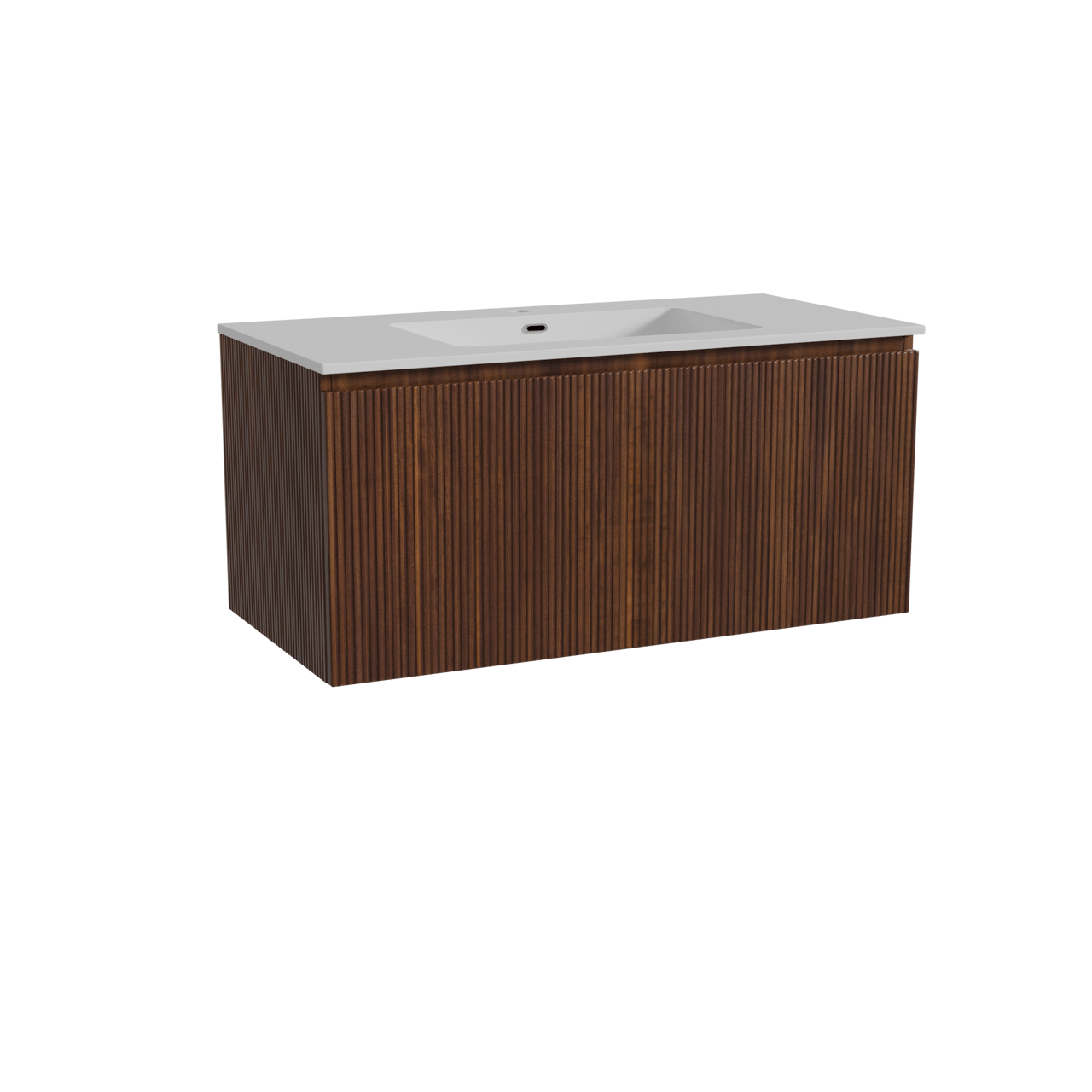 Storke Ribs zwevend badkamermeubel 105 x 52 cm notelaar met Diva enkele wastafel in composietmarmer glanzend wit, Verticale symmetrische rechte ribbel