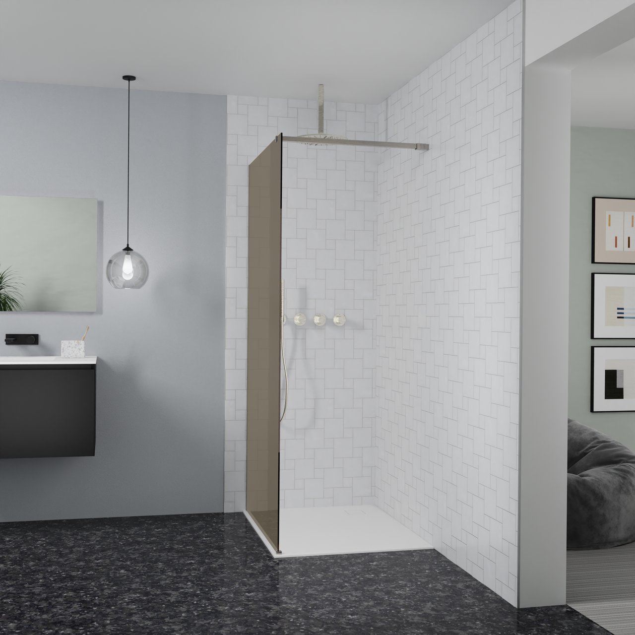 Balmani Modular Walk-In Dusche: 100 x 200 cm, Bronze Glas, Profil Brushed CoolMetal