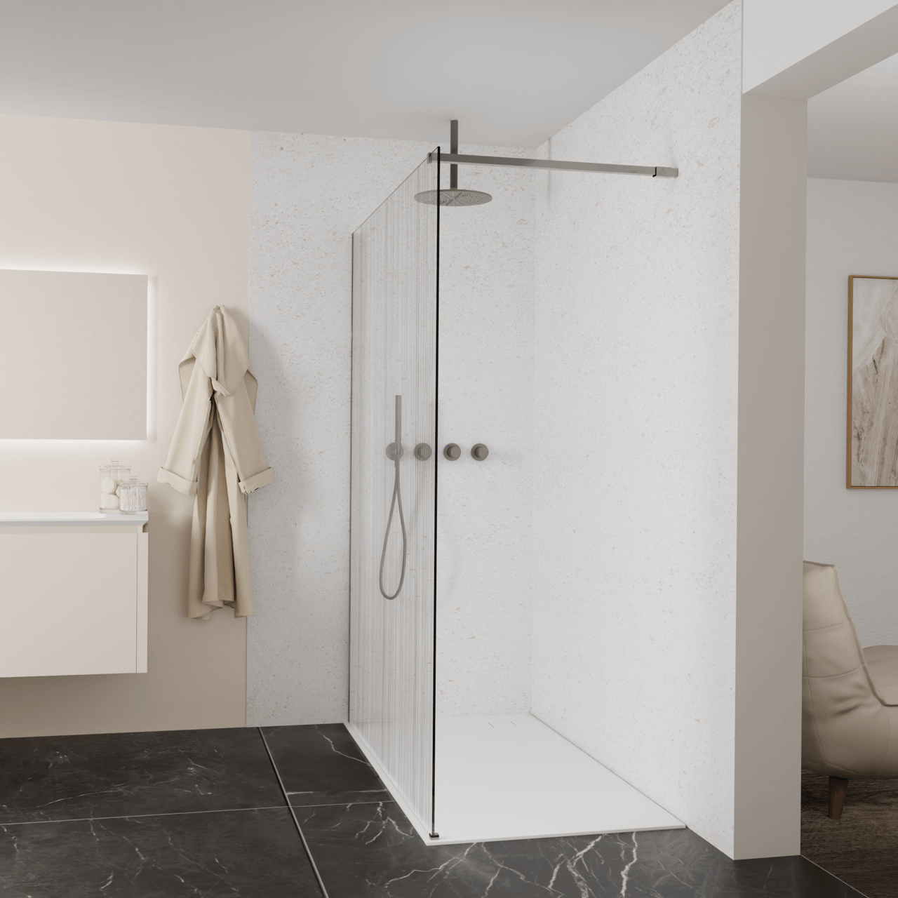 Balmani Modular inloopdouche: 160 x 200 cm, Mikado met coating, Brushed GunMetal profielen