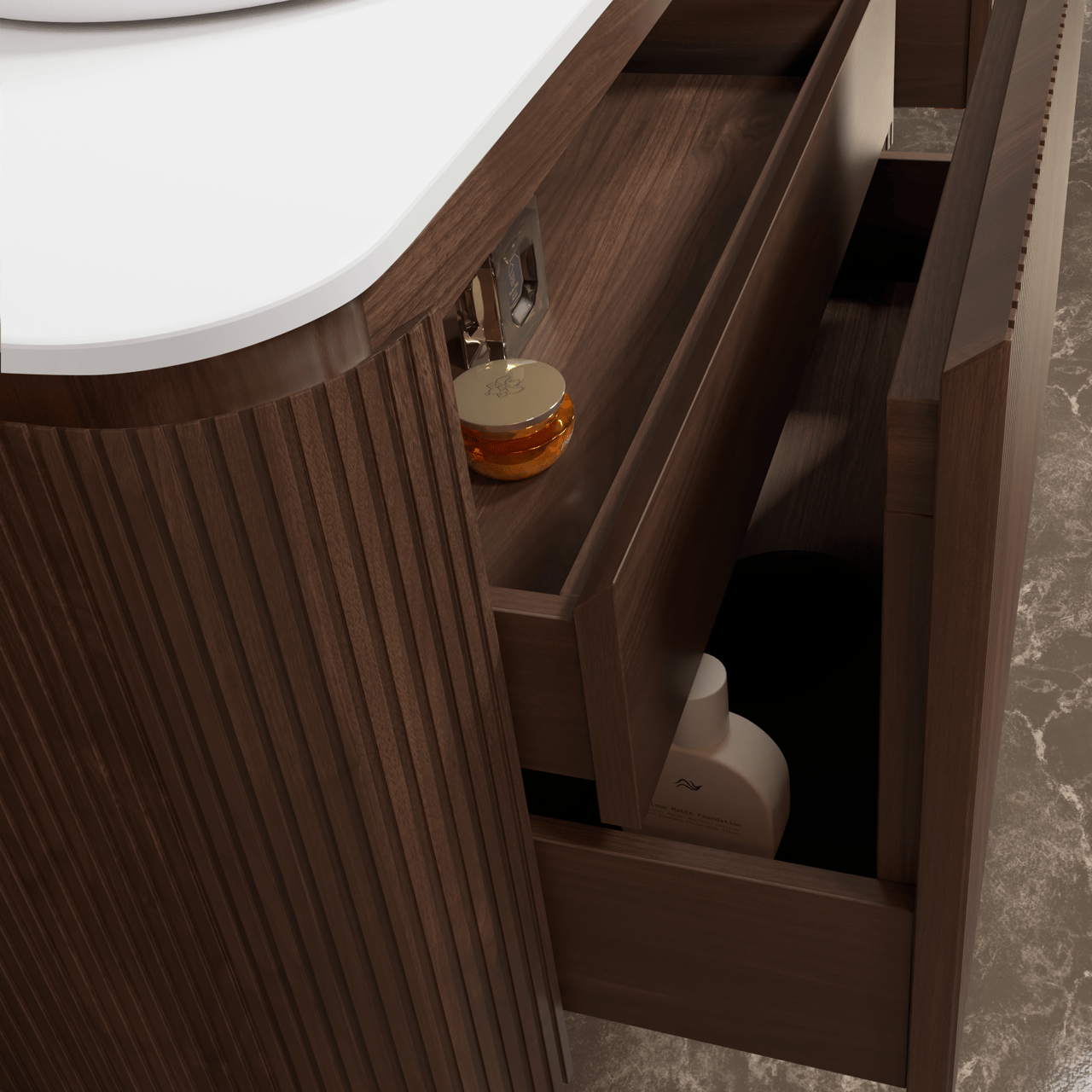 Balmani Moon hängendes Möbelstück Set: 100 x 55 cm, Amerikanischer Nussbaum, mit Moon Einzel Waschtischplatte, Solid Surface, Weiß matt, Vertikale symmetrische gerade Rippe