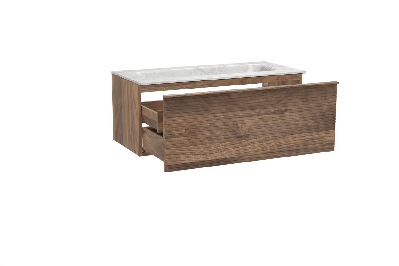 Balmani Forma meuble salle de bains suspendu 120 x 55 cm noyer américain avec Tablo Arcato plan simple en marbre carrare, Nervure droite symétrique horizontale