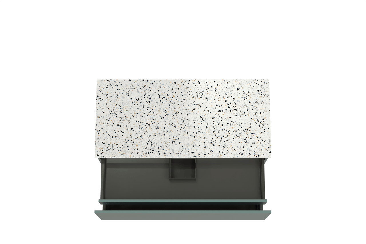 Balmani Sfera hängendes Möbelstück Set: 120 x 55 cm, Forest, mit Stretto Einzel- oder Doppel Waschtischplatte, Terrazzo in Weiß/Schwarz matt