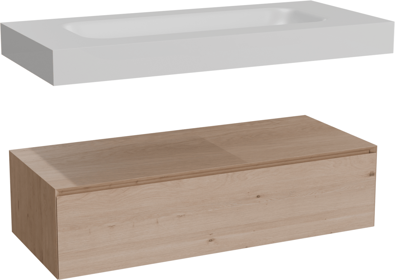 Balmani Mitra Elements hängendes Möbelstück Set: 120 x 55 cm, Naturbelassene Eiche mit Arcato Einzelwaschtisch für 2 Armaturenlöcher, Solid Surface Weiß matt