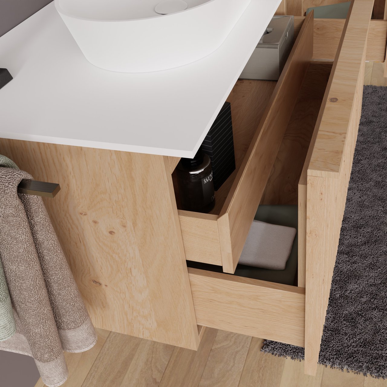 Balmani Forma zwevend badkamermeubel 180 x 55 cm natuur eik met Stretto enkel of dubbel tablet in solid surface mat wit, Verticale asymmetrische ronde ribbel