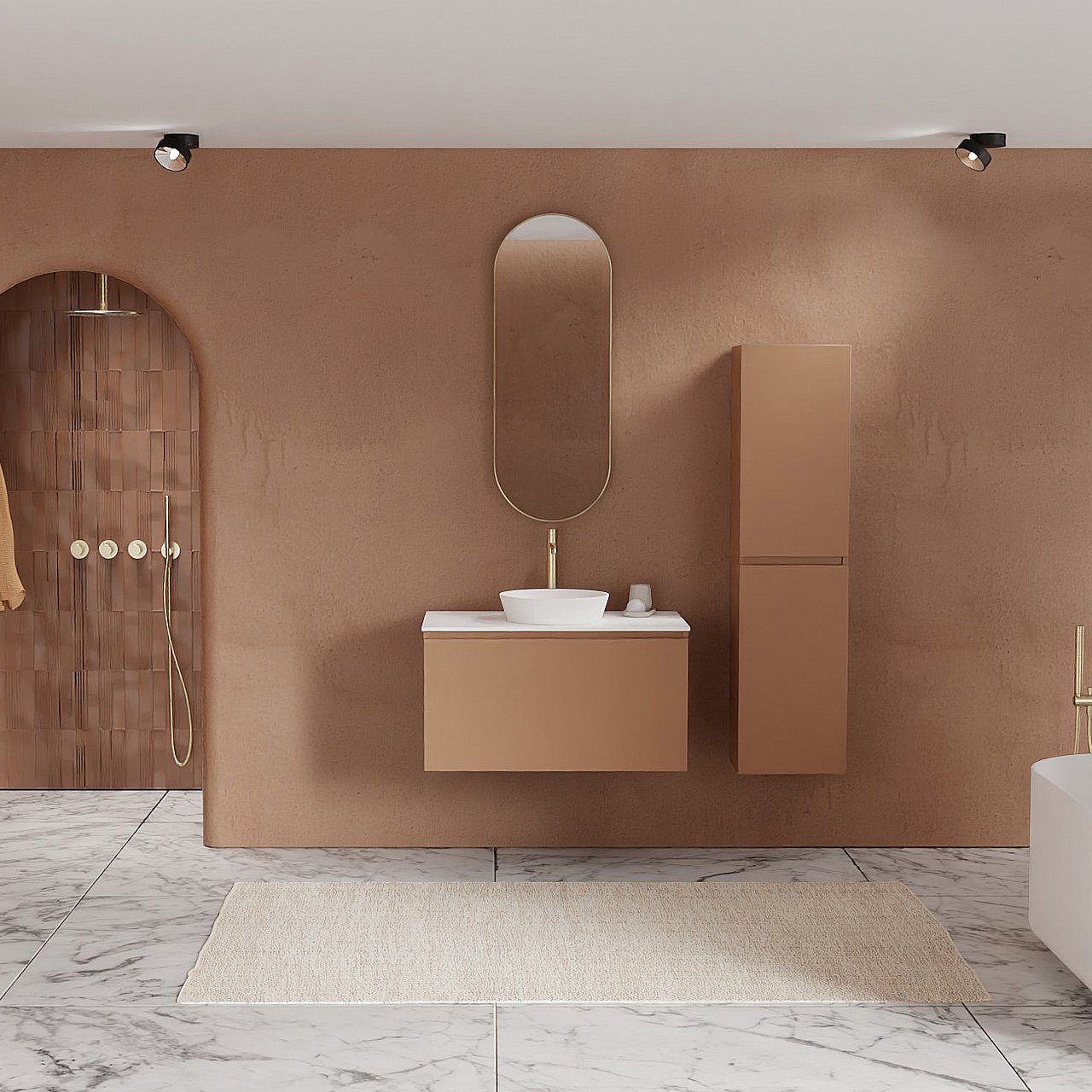 Balmani Sfera meuble salle de bains suspendu 90 x 55 cm cotto avec Stretto tablette simple en solid surface blanc mat