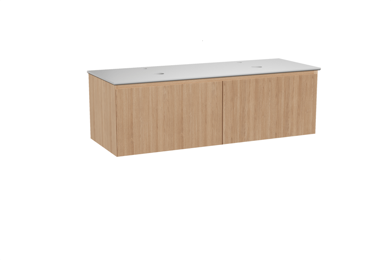 Balmani Fila meuble salle de bains suspendu 150 x 55 cm chêne naturel avec Facetta tablette double en solid surface blanc mat, Nervure droite symétrique verticale