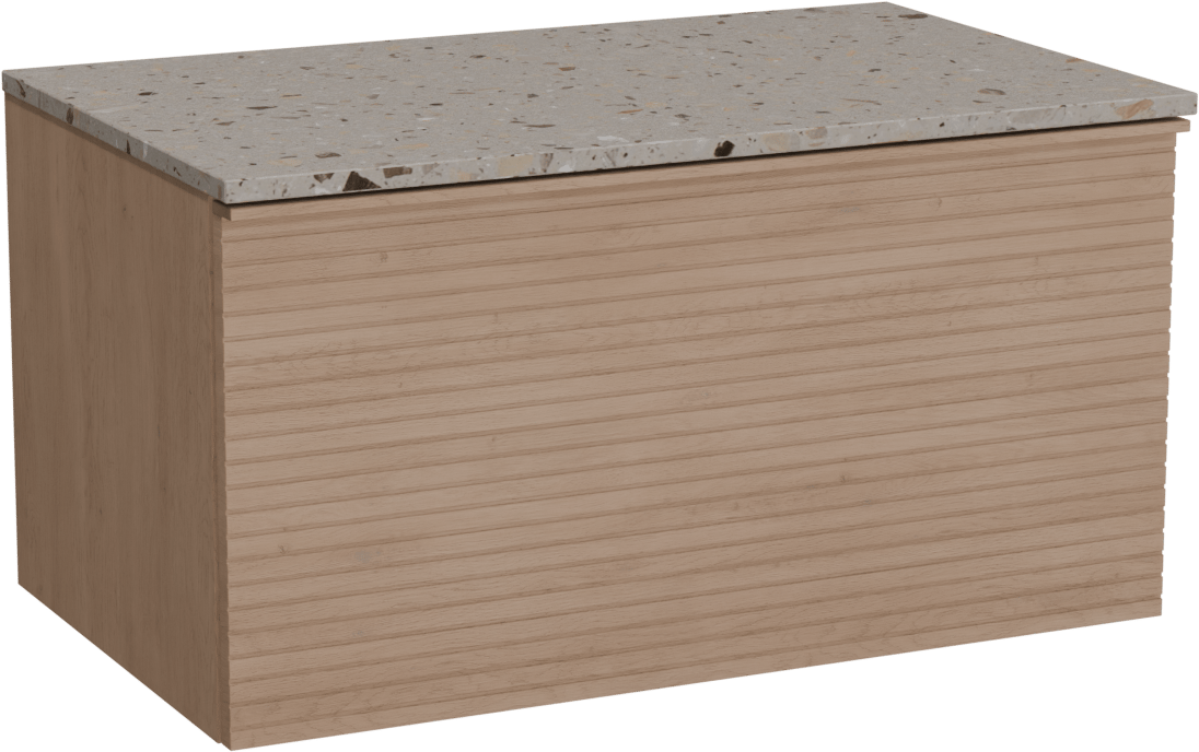 Balmani Forma hängendes Möbelstück Set: 90 x 55 cm, Naturbelassene Eiche, mit Stretto Einzel Waschtischplatte, Terrazzo in Greige, Horizontale symmetrische gerade Rippe