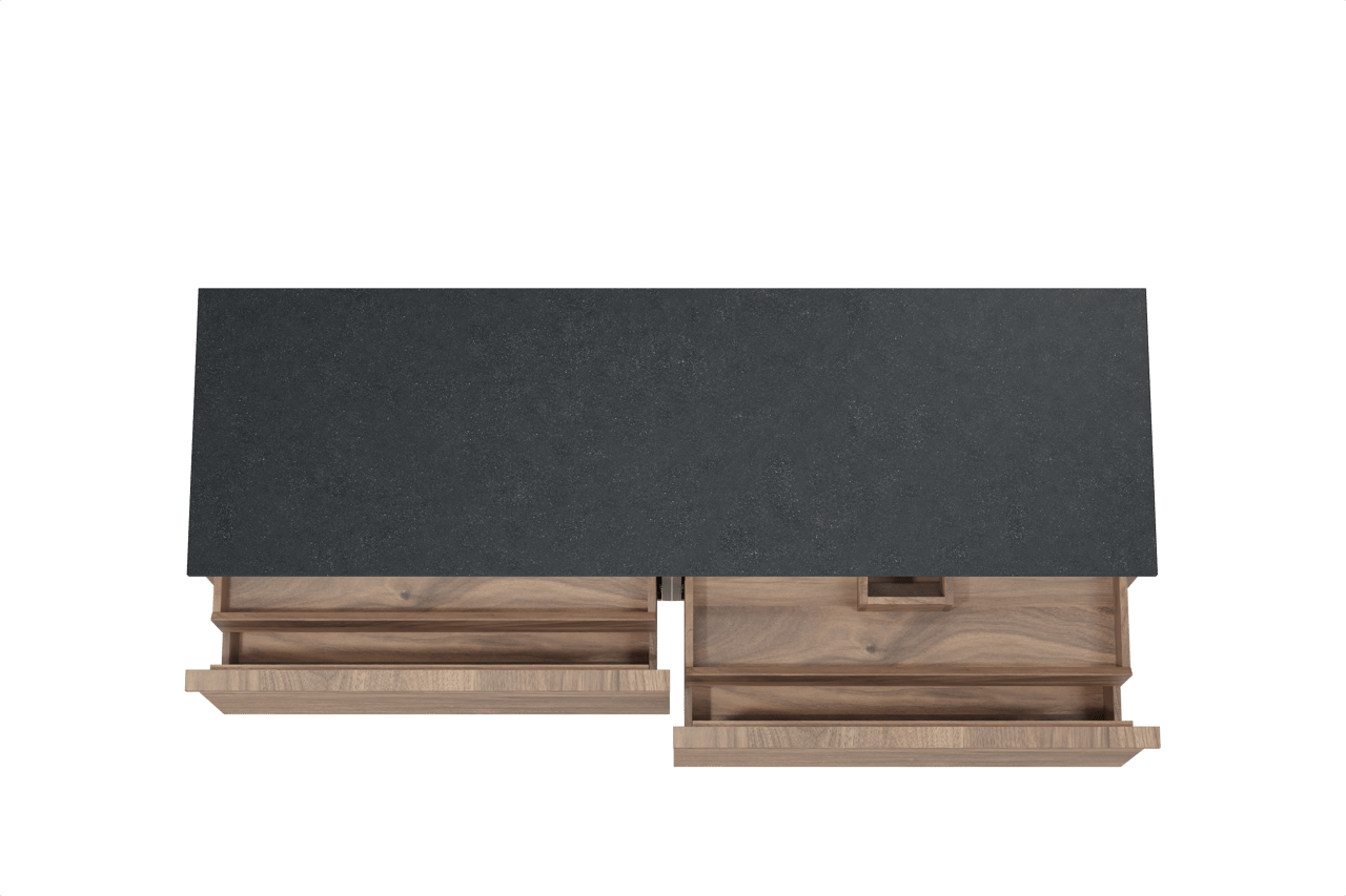 Balmani Forma hängendes Möbelstück Set: 180 x 55 cm, Amerikanischer Nussbaum, mit Stretto Einzel- oder Doppel Waschtischplatte, Granit, Schwarzes Granit, Horizontale symmetrische gerade Rippe