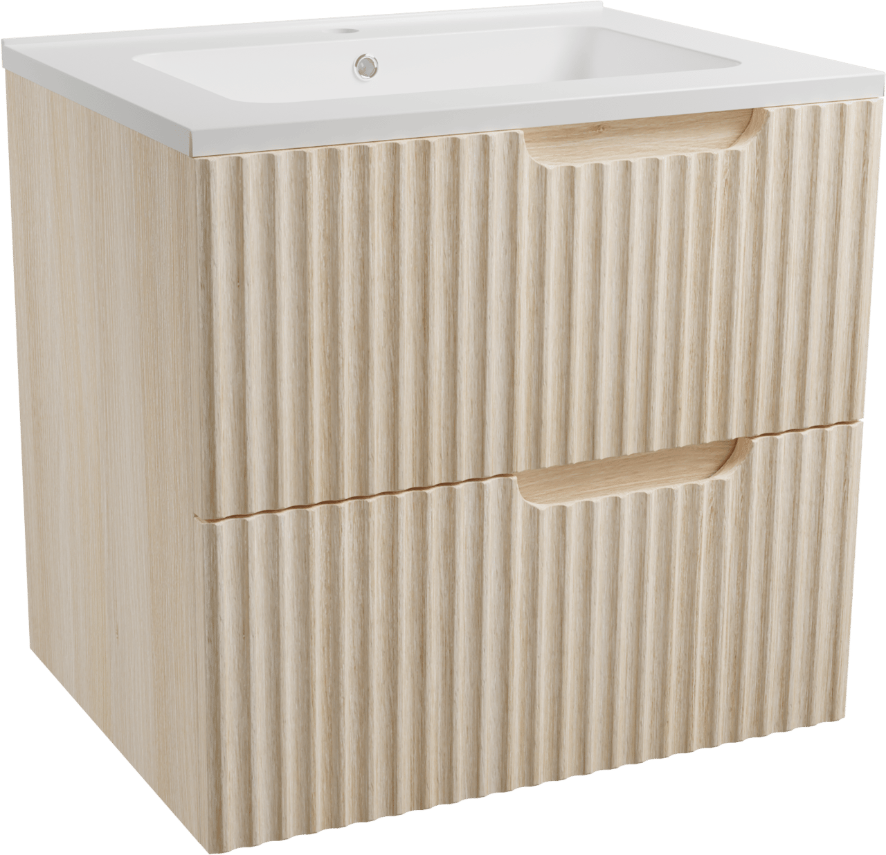 Linie Ribbo meuble salle de bains suspendu 60 x 46 cm chêne clair avec Vano plan simple en marbre composite blanc brillant, Nervure circulaire symétrique verticale