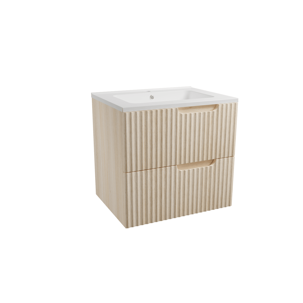 Linie Ribbo zwevend badkamermeubel 60 x 46 cm lichte eik met Vano enkele wastafel in composietmarmer glanzend wit, Verticale symmetrische ronde ribbel