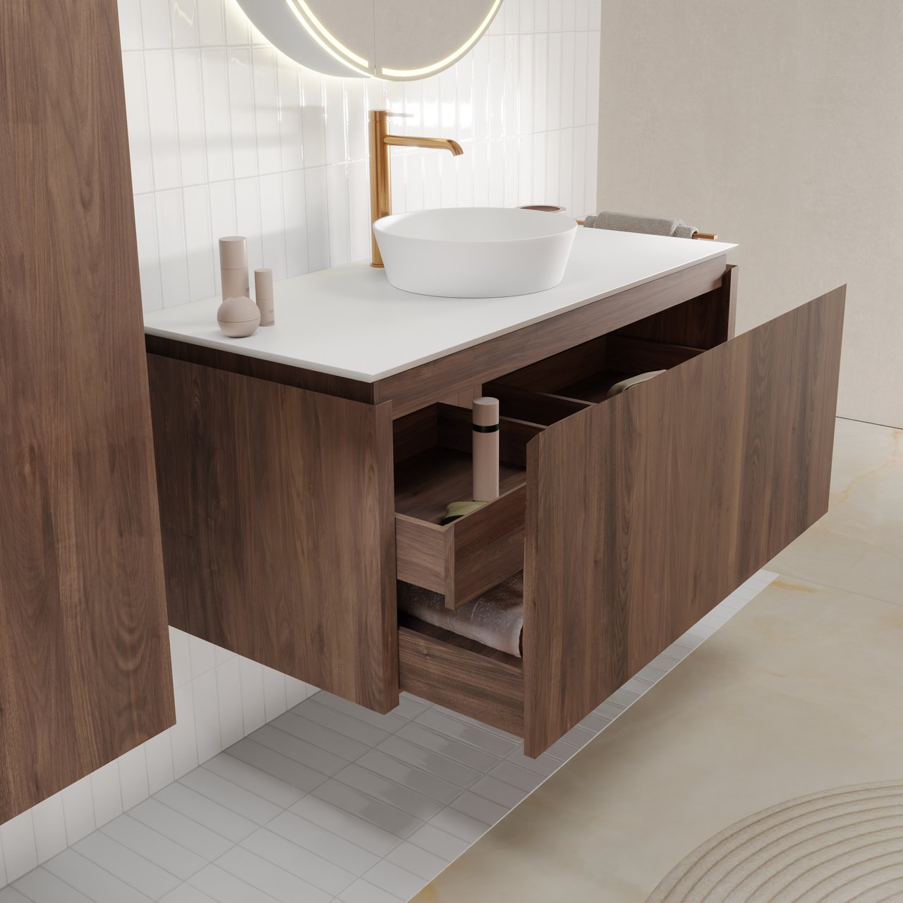 Balmani Eclips meuble salle de bains suspendu 120 x 55 cm Noyer américain avec Eclips tablette simple ou double vasque en Solid Surface blanc mat