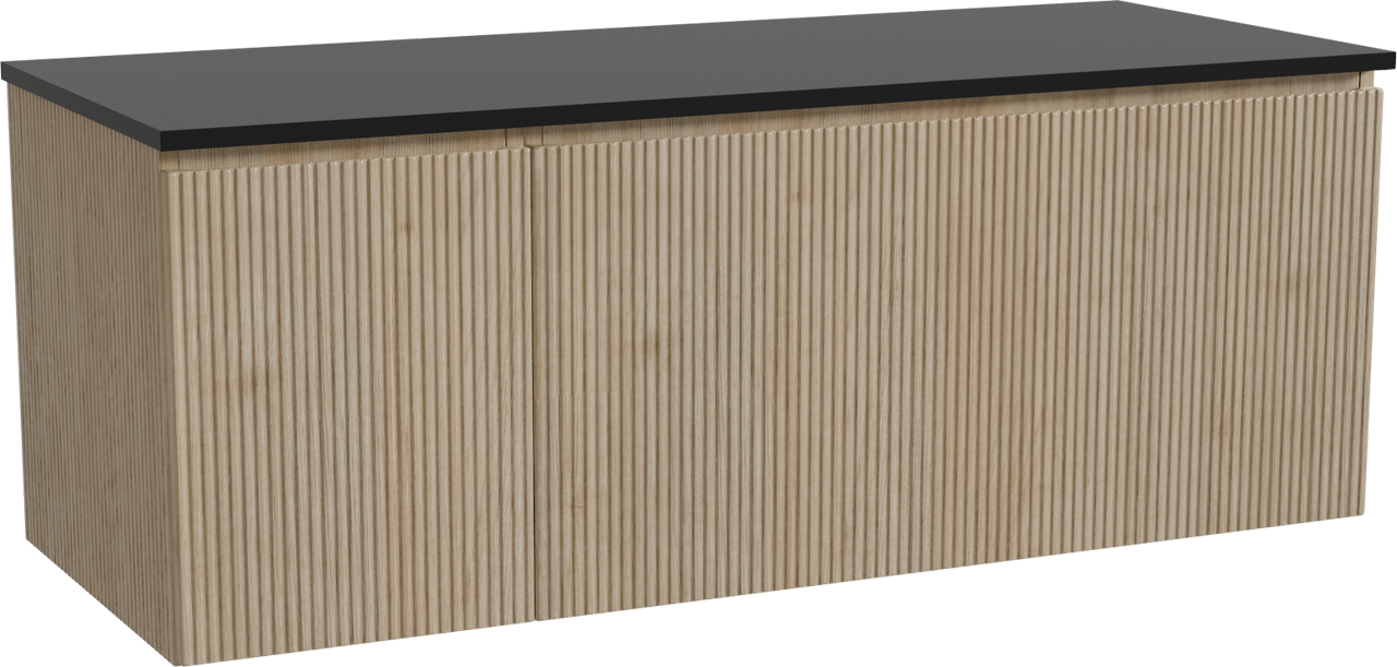 Storke Ribs zwevend badmeubel 130 x 52 cm ruw eiken met Panton enkel of dubbel wastafelblad in gepoedercoate mdf mat zwart, Verticale symmetrische rechte ribbel