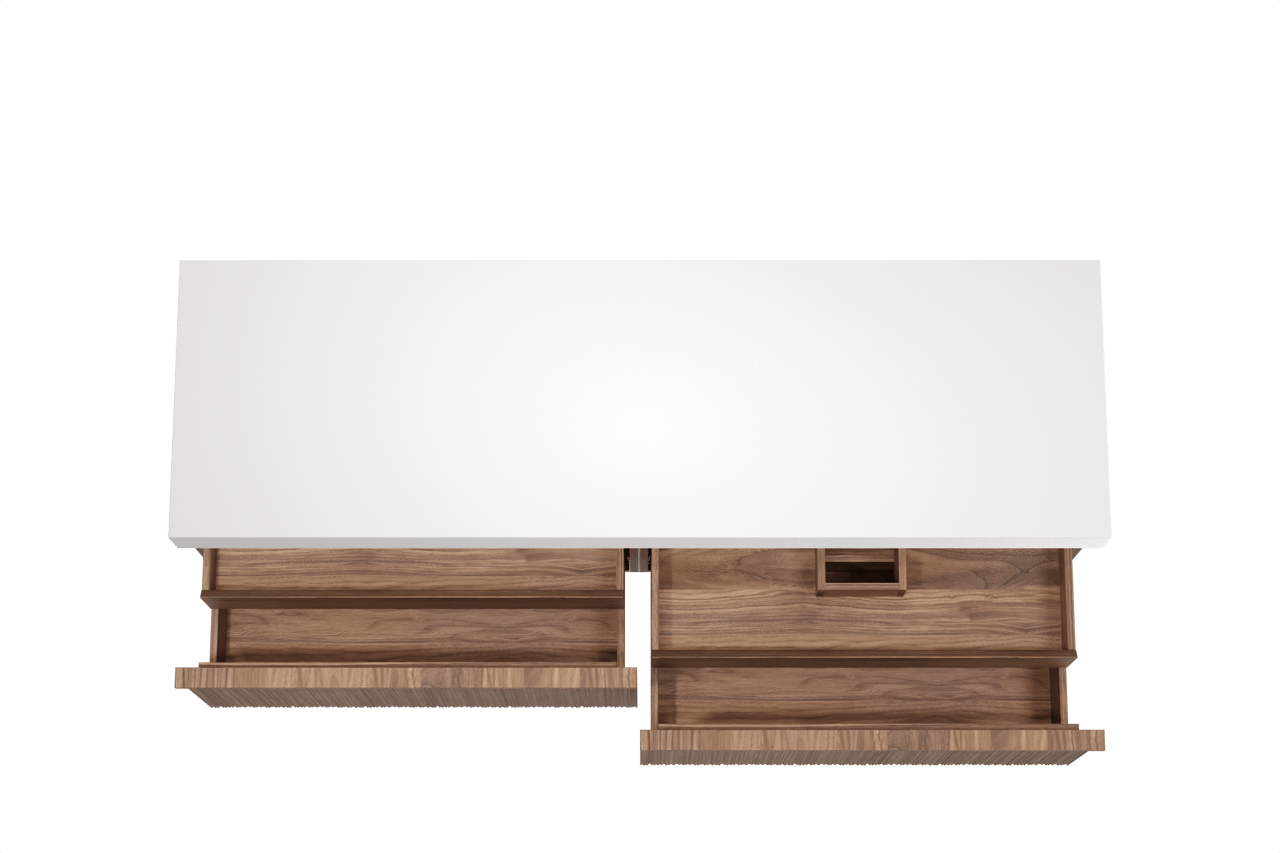 Balmani Forma zwevend badkamermeubel 180 x 55 cm amerikaanse notelaar met Dominus enkel of dubbel tablet in solid surface mat wit, Verticale asymmetrische ronde ribbel