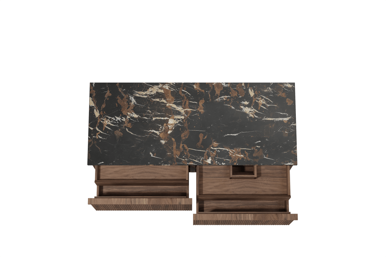 Balmani Forma meuble salle de bains suspendu 135 x 55 cm noyer américain avec Stretto tablette simple ou double en marbre portoro gold, Nervure droite symétrique verticale