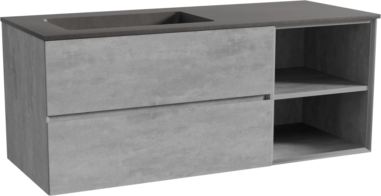 Storke Edge zwevend badkamermeubel 130 x 52 cm beton donkergrijs met Scuro asymmetrisch linkse wastafel in kwarts mat zwart