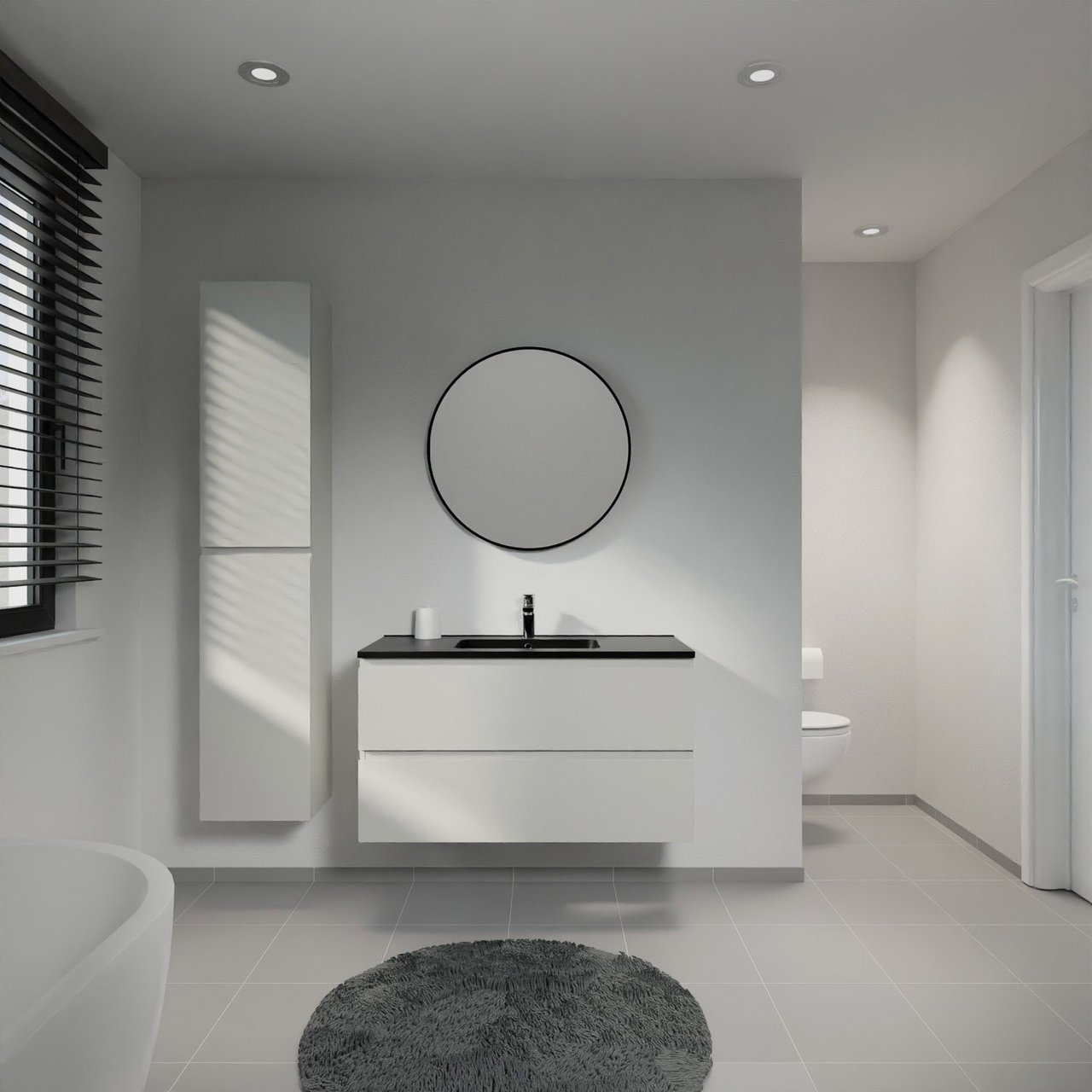 Linie Lado zwevend badkamermeubel 100 x 46 cm greige met Vano enkele wastafel in composietmarmer mat zwart